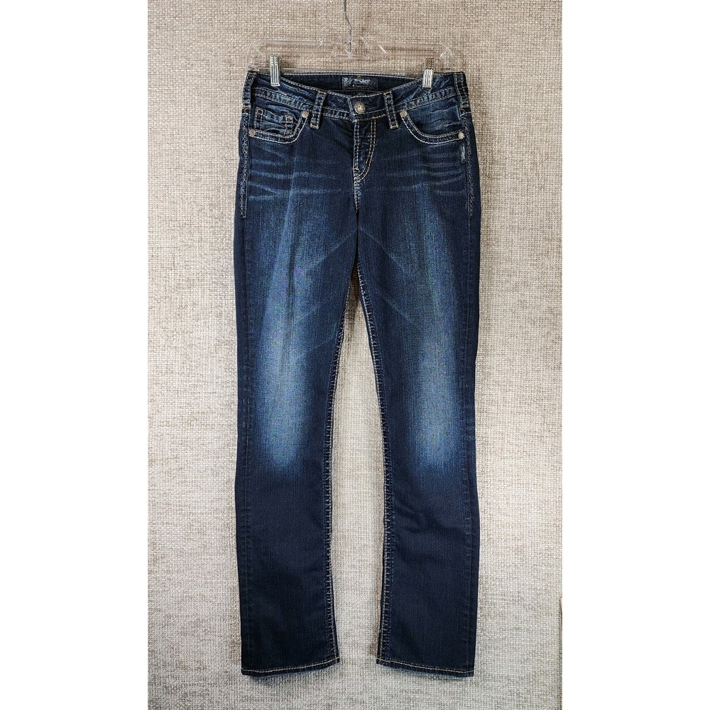 Silver Jeans Suki Mid Straight Womens 29x32 Blue Fluid Denim Embroidered Stretch